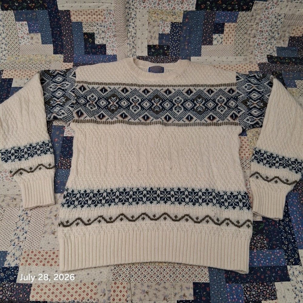 * Vintage Pendleton Mens Medium Cream Fair Isle Cable Knit Wool Sweater USA Made